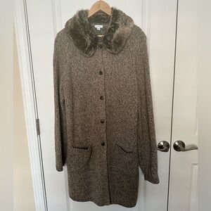 J Jill Brown Tweed Duster Length Sweater Coat Faux Fur Collar Sz M Tall EUC